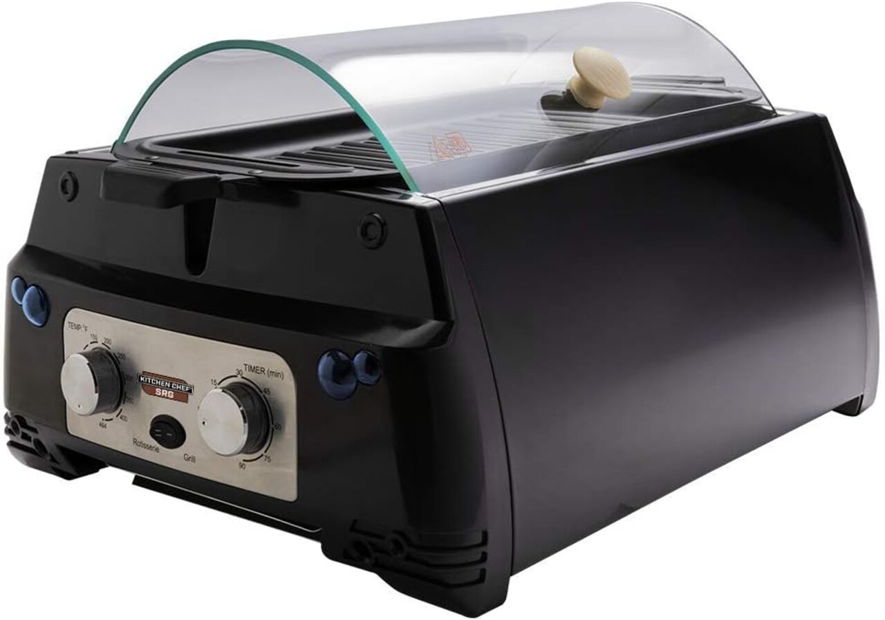 Kitchen Chef Indoor Smokeless Rotisserie Grill, Large Capacity, Multi-Functional, Stainless-Steel Construction, Auto Shut Off, Flameless Infrared Heating, Tempered Glass Lid & Drip Tray